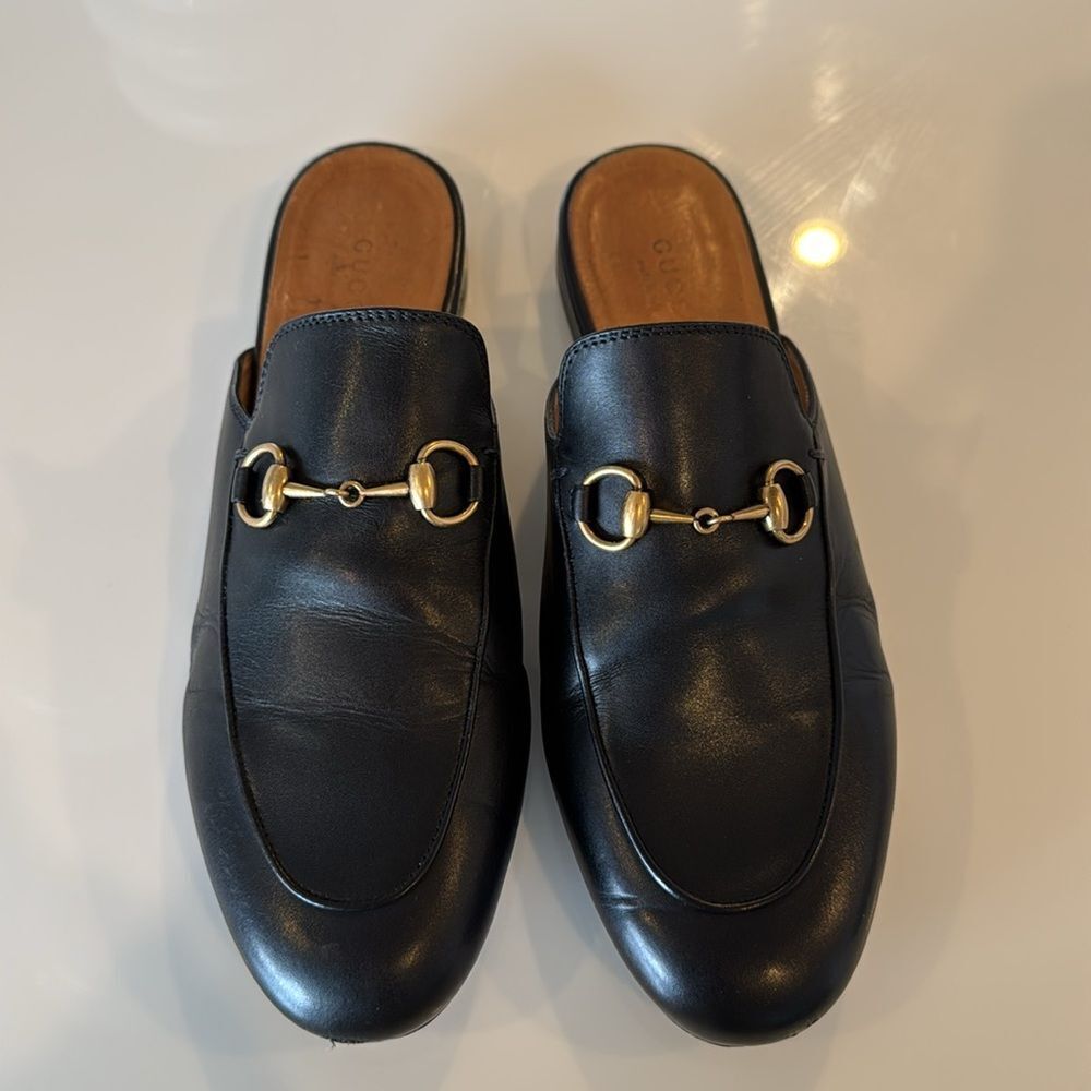 Gucci Black Leather Mules with Gold Hardware